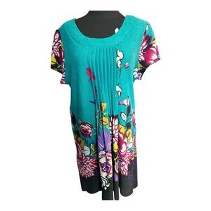 Funky People Women Floral Teal Short Sleeve Dress Size Extra Large